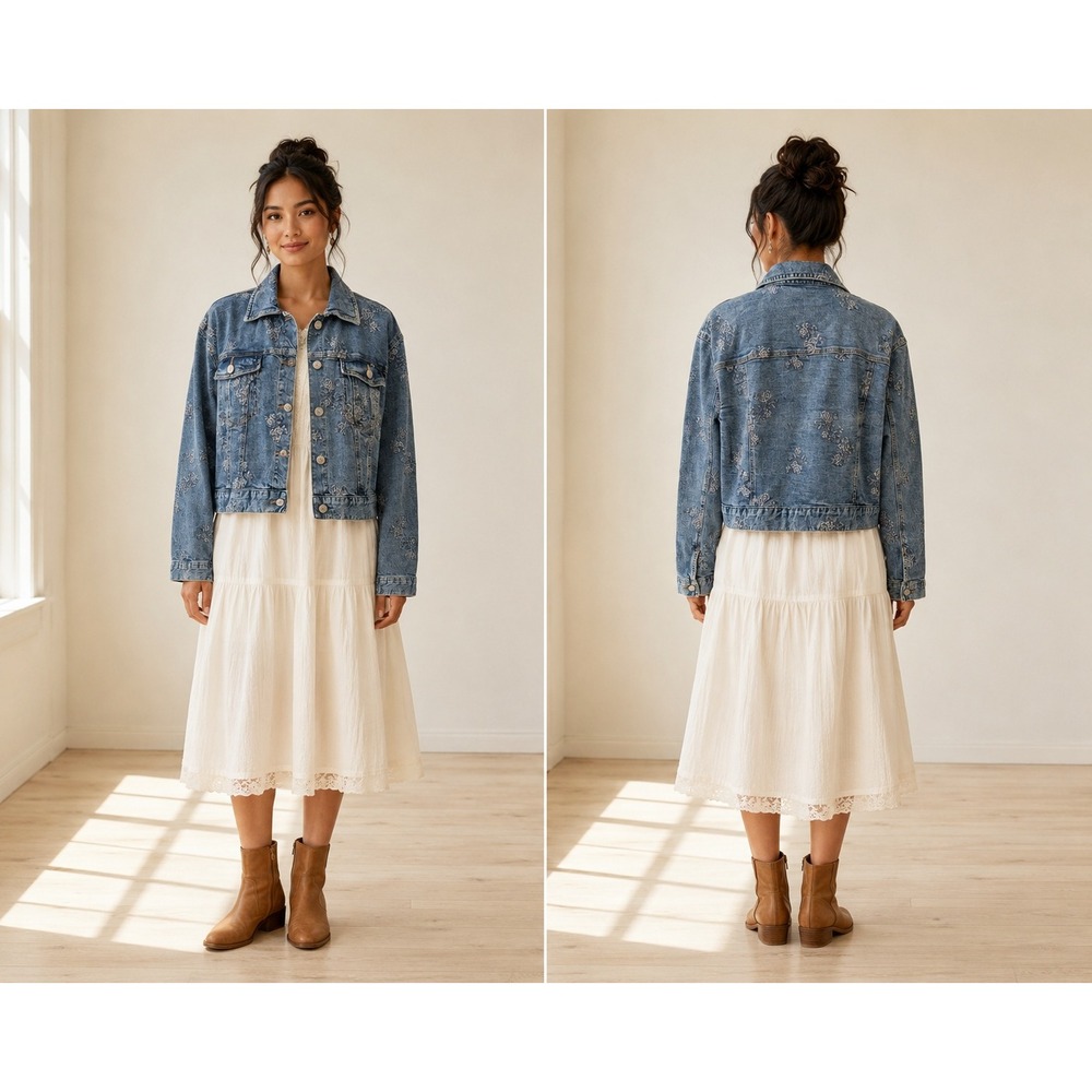 Boho Cottagecore Prairie Western Floral Embroidered Denim Medium Wash M Jacket